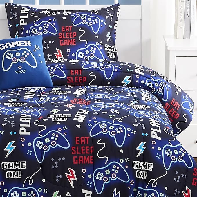 KALEIDOSPACE Kids Comforter Set Full Size for Boys, Glow in The Dark Gamer Bedding Set Full-1 Full Comforter, 1 Decor Pillow, 2 Pillow Shams - LeafyLoom