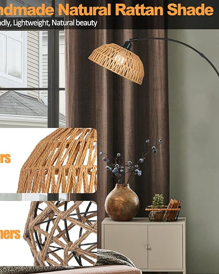 Boho Floor Lamp with Remote- Arc Tall Lamps, Bronze Floor Lamps with Stepless Dimmable Bulb, Hand-Worked Adjustable Rattan Lampshades, Brown Rattan Standing Lamp - LeafyLoom