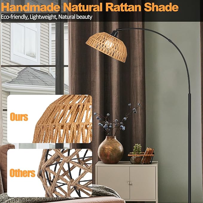 Boho Floor Lamp with Remote- Arc Tall Lamps, Bronze Floor Lamps with Stepless Dimmable Bulb, Hand-Worked Adjustable Rattan Lampshades, Brown Rattan Standing Lamp - LeafyLoom