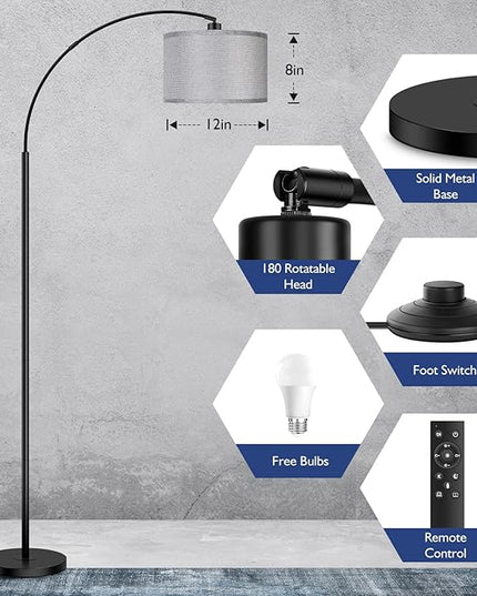 Arc Floor Lamps for Living Room, Modern Remote Control Standing Lamp with Stepless Dimmable, Black Tall Lamp with Gary Drum Shade, Over Couch Arched Reading Light for Bedroom, Office(Bulb Included) - LeafyLoom