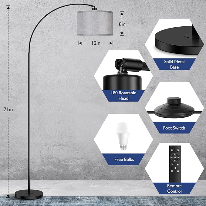Arc Floor Lamps for Living Room, Modern Remote Control Standing Lamp with Stepless Dimmable, Black Tall Lamp with Gary Drum Shade, Over Couch Arched Reading Light for Bedroom, Office(Bulb Included) - LeafyLoom