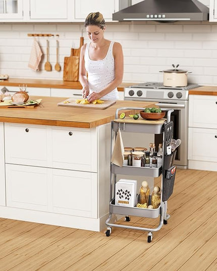 DTK 3 Tier Metal Utility Rolling Cart with Table Top and Side Bags, Tray Storage Organizer Wheels, Art Craft 4 Hooks for Kitchen Bathroom Office Living Room(Grey) - LeafyLoom