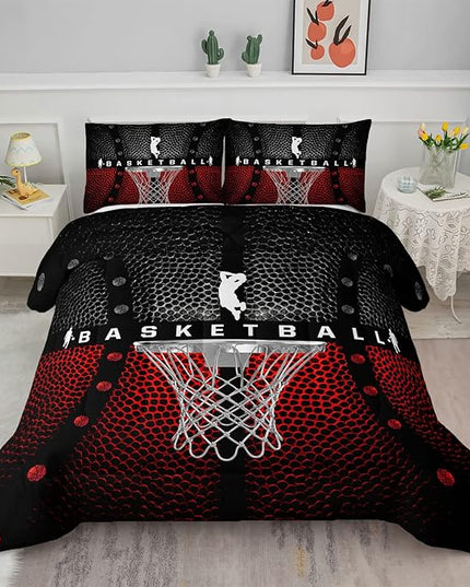 Axolotl Basketball Bedding Set for Boys Kids Teens,Soft Black and Red Sports Theme Basketball Bedding Sets Twin Size with 1 Comforter and 2 Pillowcases All Season - LeafyLoom
