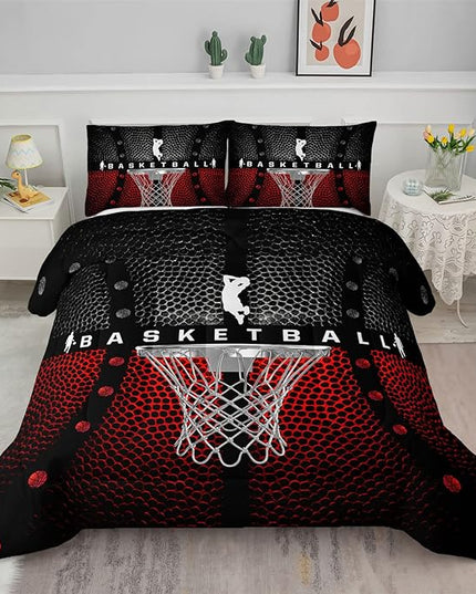 Axolotl Basketball Bedding Set for Boys Kids Teens,Soft Microfiber Black and Red Sports Theme Basketball Bedding Sets Queen Size with 1 Comforter and 2 Pillowcases All Season - LeafyLoom