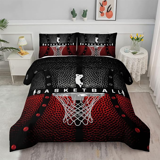 Axolotl Basketball Bedding Set for Boys Kids Teens,Soft Microfiber Black and Red Sports Theme Basketball Bedding Sets Queen Size with 1 Comforter and 2 Pillowcases All Season - LeafyLoom