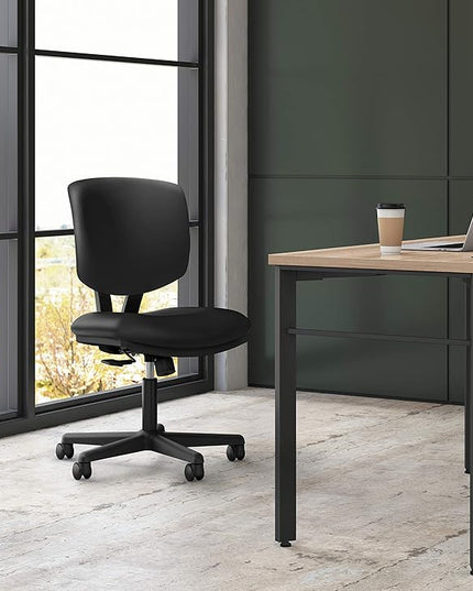 HON Volt Armless Task Seating, Computer Chair for Office Desk, Black SofThread Leather - LeafyLoom