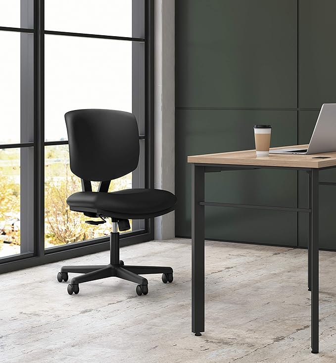 HON Volt Armless Task Seating, Computer Chair for Office Desk, Black SofThread Leather - LeafyLoom