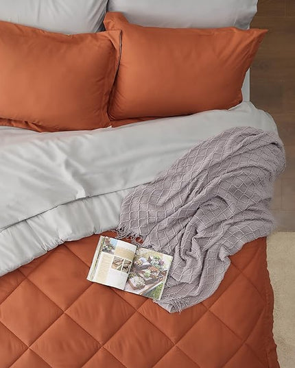 Bedsure Burnt Orange Twin Comforter Set - 5 Pieces Reversible Twin Bed in a Bag, Extra Long Twin Bed Set with Comforters, Sheets, Pillowcase & Sham, Twin Bedding Sets for College - LeafyLoom