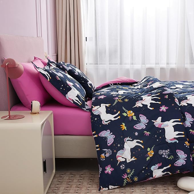Mooreeke Kids Comforter Bed Set Twin Size for Girls, 6 Pieces Bed in a Bag with Shams, Sheet Set, Purple Pink Unicorn Twin Soft Microfiber Kids Comforter Bedding Set - LeafyLoom