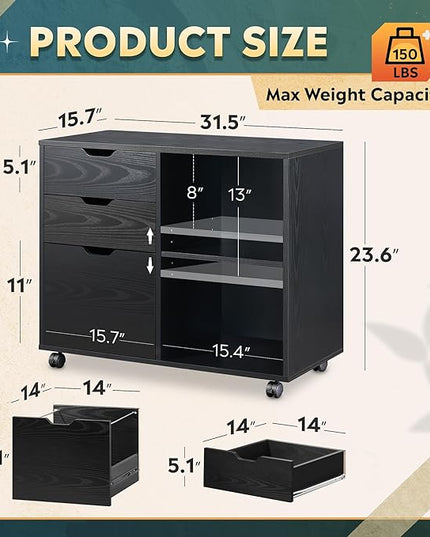 DEVAISE 3-Drawer Wood File Cabinet, Mobile Lateral Filing Cabinet, Printer Stand with Open Storage Shelves for Home Office, Black - LeafyLoom