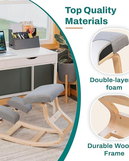 Ergonomic Kneeling Chair - A Rocking Ergo Knee Chair and Wooden Desk Chair designed for Home Office Study and Posture Chair Support, Comfortable to Reduce Neck and Back Pressure - Grey - LeafyLoom