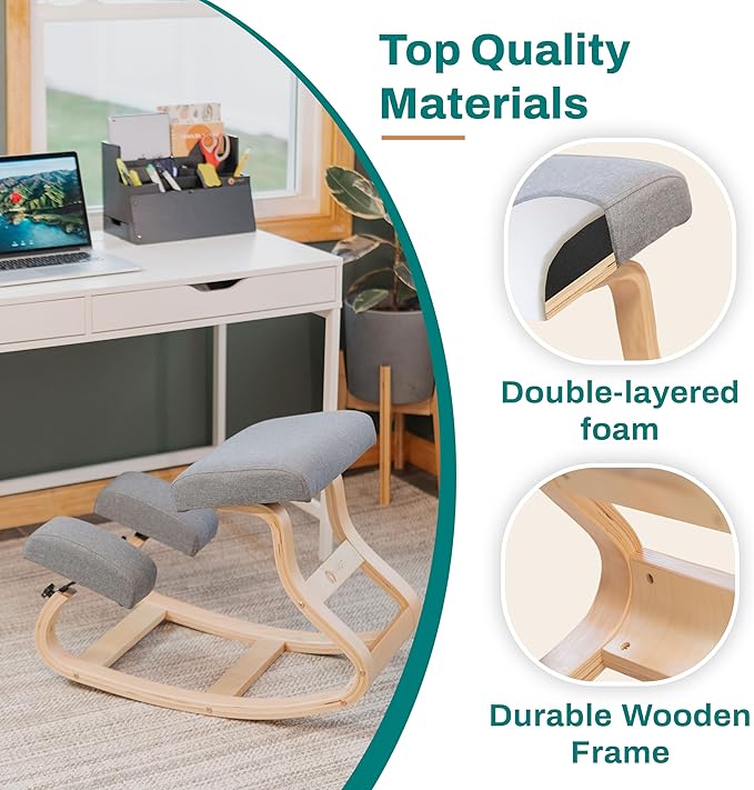 Ergonomic Kneeling Chair - A Rocking Ergo Knee Chair and Wooden Desk Chair designed for Home Office Study and Posture Chair Support, Comfortable to Reduce Neck and Back Pressure - Grey - LeafyLoom
