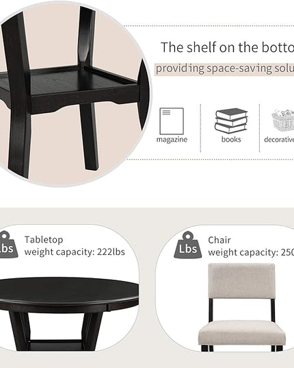 Contemporary Style Kitchen Round with Extra Bottom Shelf, 4 Large Thick Upholstered Chairs Seats, Scientific Backrest Design, Room, 5 Piece Dining Table Set, Espresso 21 - LeafyLoom