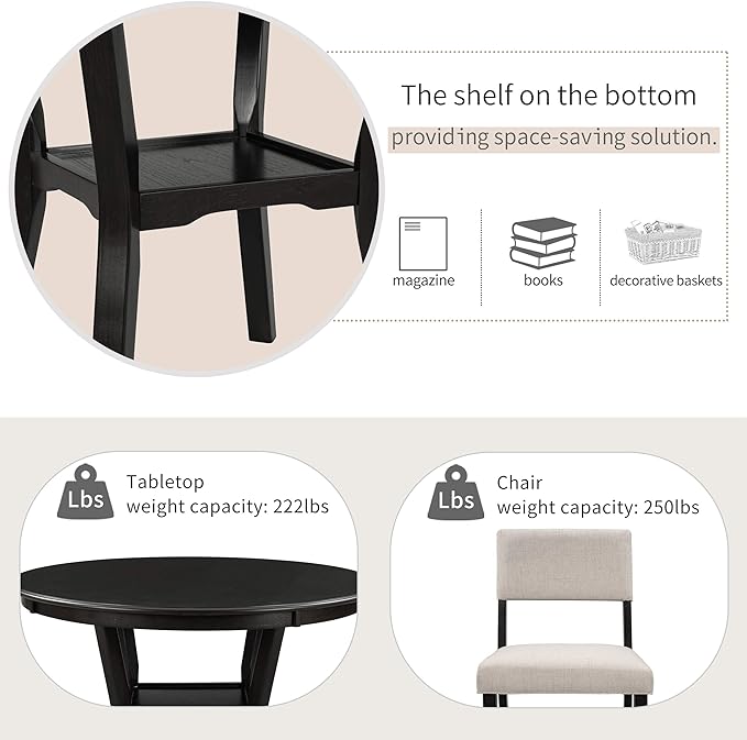 Contemporary Style Kitchen Round with Extra Bottom Shelf, 4 Large Thick Upholstered Chairs Seats, Scientific Backrest Design, Room, 5 Piece Dining Table Set, Espresso 21 - LeafyLoom