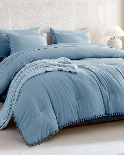 Litanika Queen Size Comforter Set Grey Blue,3 Pieces Grey Blue Boho Pom Pom Lightweight Bed Comforter, All Season Soft Solid Color Bedding Comforter Sets (1 Comforter 90x90 Inch, 2 Pillowcases) - LeafyLoom