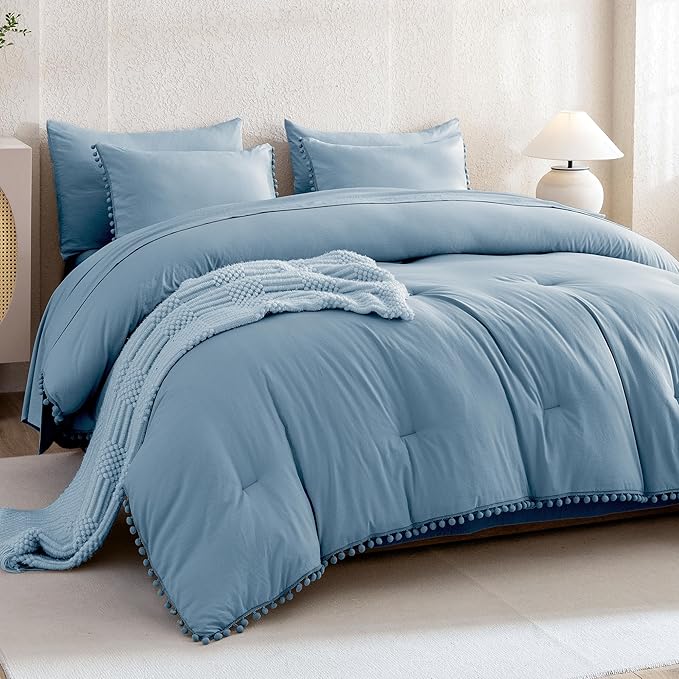 Litanika Queen Size Comforter Set Grey Blue,3 Pieces Grey Blue Boho Pom Pom Lightweight Bed Comforter, All Season Soft Solid Color Bedding Comforter Sets (1 Comforter 90x90 Inch, 2 Pillowcases) - LeafyLoom