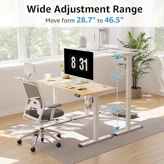 MOUNTUP Height Adjustable Electric Standing Desk Whole-Piece, 48 x 24 Inches Quick Assembly Sit Stand Desk, Stand Up Desk with Memory Controller, Ergonomic Desk, White - LeafyLoom