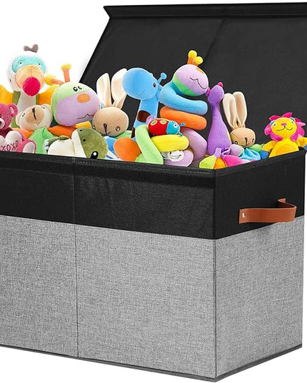 Large Toy Storage Box with Lid, Sturdy Toys Storage Chest Bin Organizer Basket with Dividers for Kids, Boys, Girls, Nursery, Closet, Bedroom, Playroom 25"x13" x16" (Black and Grey) - LeafyLoom