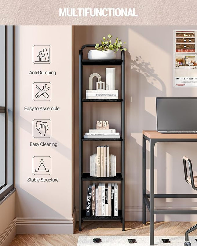 Bookcase Bookshelf, Narrow Book Shelf, Industrial Coner Shelf Storage Organizer, Slim Shelving Unit for Home Office, Living Room, Bedroom, Kitchen, 5-Tier Black BC24504B - LeafyLoom