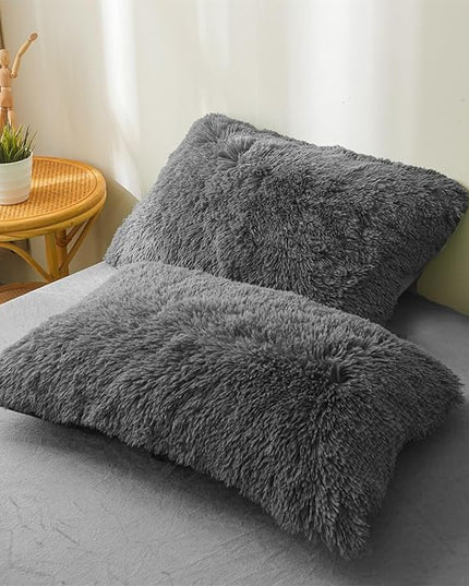 FOPPA Dark grey fluffy Comforter Cover Set king- Ultra Soft fluffy Dark grey Bedding Sets 3 Pieces (1 Duvet Cover + 2 Pillow case) Dark grey fluffy bed set (Dark Grey, King) - LeafyLoom