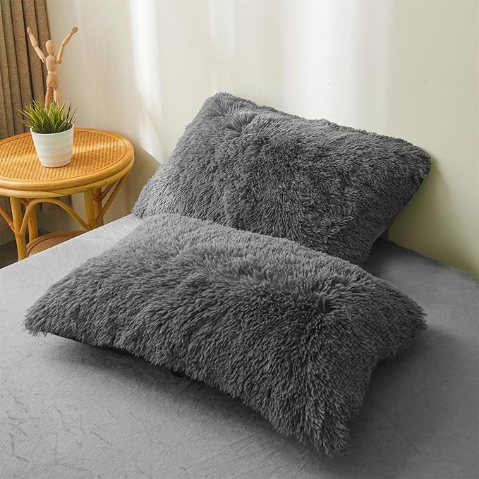 Fluffy dark grey comforters Cover twin size - Ultra Soft Plush dark grey bedding Sets 2 Pieces (1 faux fur comforter Cover + 1 fuzzy pillow case) girls shaggy dark grey twin bed set (Dark Grey, Twin) - LeafyLoom
