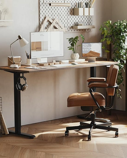 Electric Standing Desk, Large 63 x 24 Inches Height Adjustable Desk, Sit Stand up Desk for Work Office Home, Splice Board, Rustic Brown - LeafyLoom