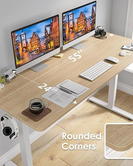 STARY Electric Adjustable Height Sit Stand Home Office Desk with Splice Board, 55x24, Castin Oak Desktop/White Frame - LeafyLoom