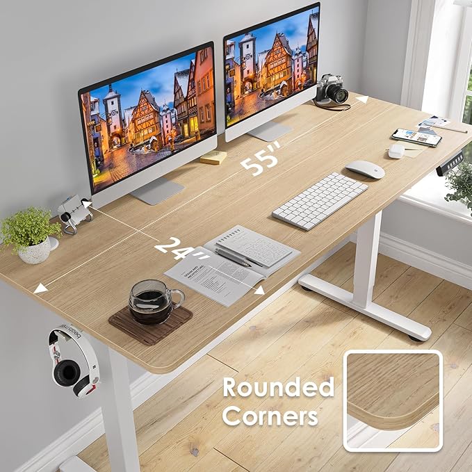 STARY Electric Adjustable Height Sit Stand Home Office Desk with Splice Board, 55x24, Castin Oak Desktop/White Frame - LeafyLoom
