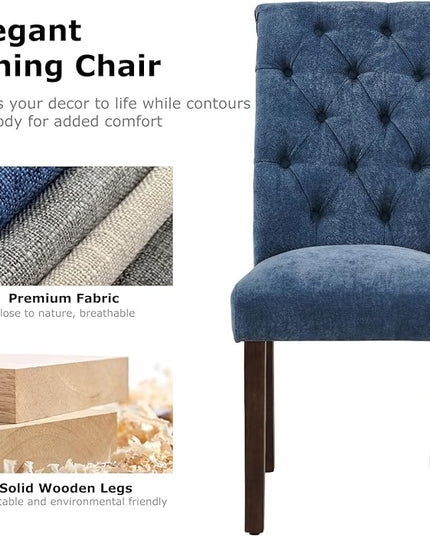 COLAMY Button Tufted Dining Chairs Set of 4, Parsons Upholstered Fabric Dining Room Chairs Kitchen Chairs with Wood Legs and Padded Seat, Blue - LeafyLoom