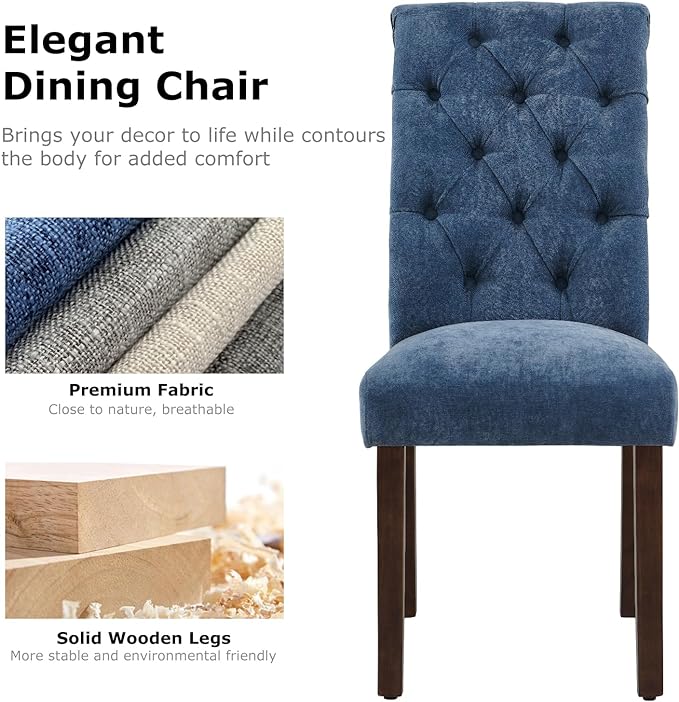 COLAMY Button Tufted Dining Chairs Set of 4, Parsons Upholstered Fabric Dining Room Chairs Kitchen Chairs with Wood Legs and Padded Seat, Blue - LeafyLoom