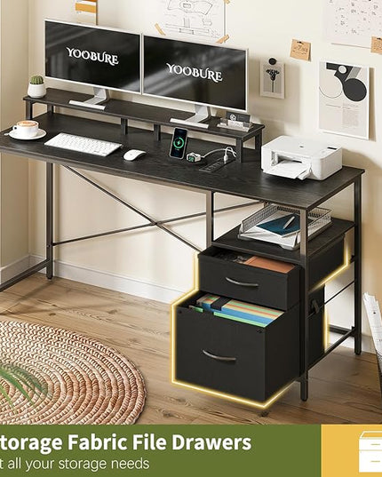 Yoobure Computer Desk, Gaming Desk with LED Lights & Power Outlets, Office Desk with Fabric File Cabinets, 55.1" Gaming Table with Long Monitor Stand, PC Gamer Desk with Drawers for Home office, Black - LeafyLoom