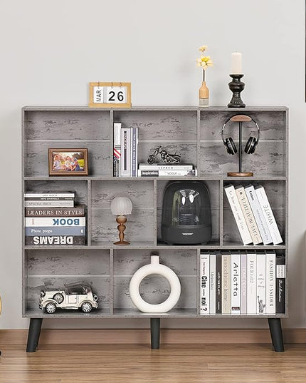 LEYAOYAO 10 Cube Bookshelf,3 Tier Modern Wide Bookcase with Legs,Mid-Century Wood Bookshelves Storage，Retro Grey Large Book Case,Freestanding Organizer Display Shelf for Bedroom,Living Room,Office - LeafyLoom