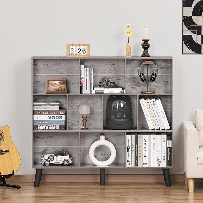 LEYAOYAO 10 Cube Bookshelf,3 Tier Modern Wide Bookcase with Legs,Mid-Century Wood Bookshelves Storage，Retro Grey Large Book Case,Freestanding Organizer Display Shelf for Bedroom,Living Room,Office - LeafyLoom