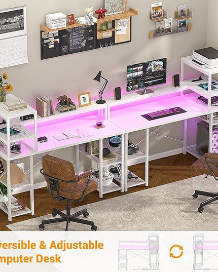 Cyclysio 55 inch Gaming Desk with LED Light, Adjustable Computer Desk with Storage Shelves, Home Office Desk with Power Outlets, Computer Gaming Desk with Long Monitor Stand for Small Space, White - LeafyLoom