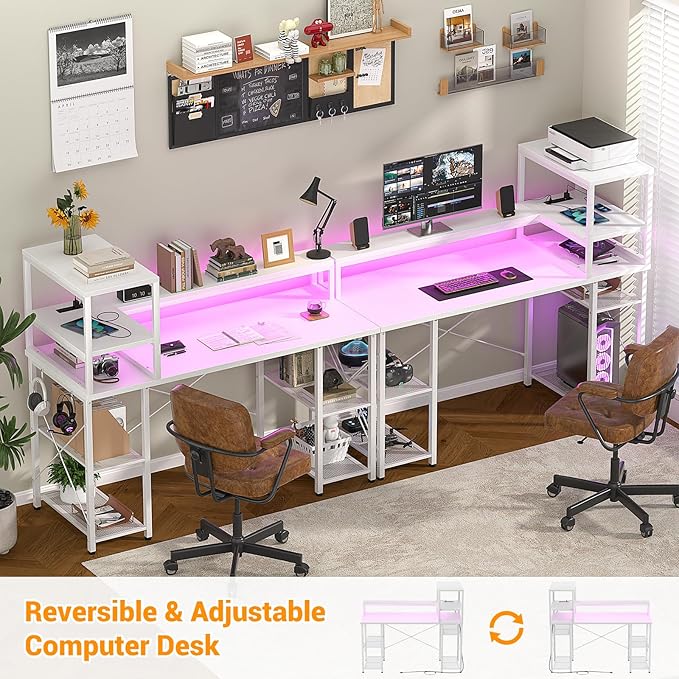 Cyclysio 55 inch Gaming Desk with LED Light, Adjustable Computer Desk with Storage Shelves, Home Office Desk with Power Outlets, Computer Gaming Desk with Long Monitor Stand for Small Space, White - LeafyLoom