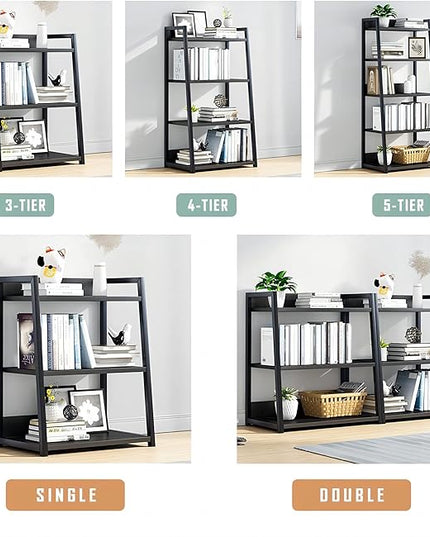 IOTXY 3 Tier Open Bookshelf - Steel and Wood Display Stand, 50CM Width Floor-Standing Bookcase, Black - LeafyLoom