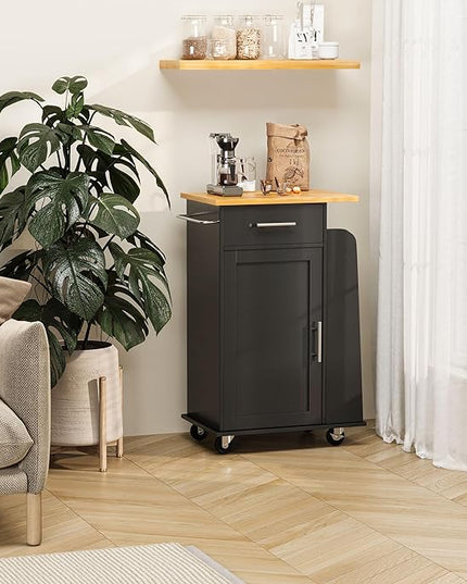 Shintenchi Small Kitchen Island on Wheels with 3-Tier Side Spice Rack and Rubber Wood Top, Trolley Cart with Storage Cabinet & Drawer and Handle/Towel Rack, Black - LeafyLoom