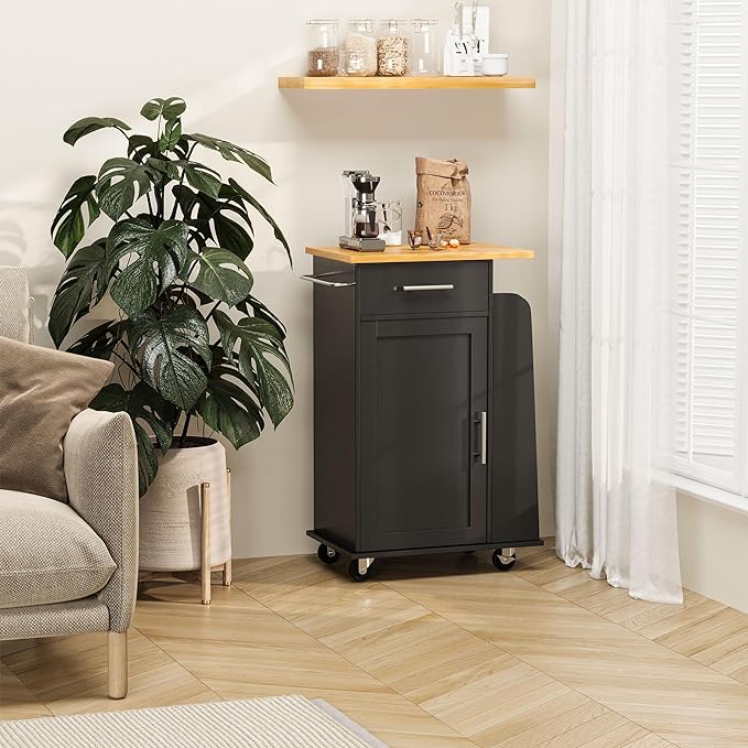 Shintenchi Small Kitchen Island on Wheels with 3-Tier Side Spice Rack and Rubber Wood Top, Trolley Cart with Storage Cabinet & Drawer and Handle/Towel Rack, Black - LeafyLoom