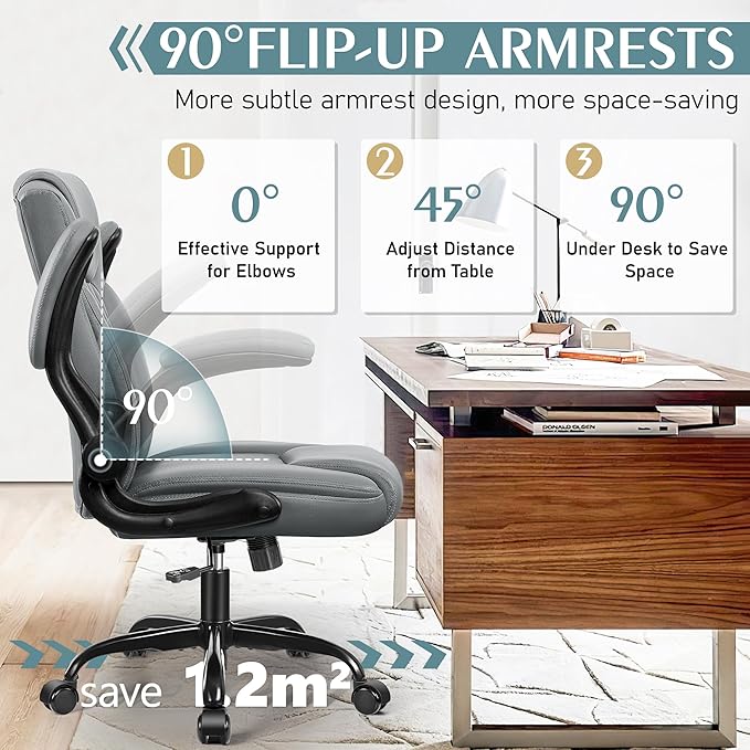 Leather Office Chair, PU Home Computer Desk Chairs with Ergonomic Back Support, 360°Swivel Free，Small Gmaing Chair with Wheels and Adjustable Armrests, for Short People Use, Gray - LeafyLoom