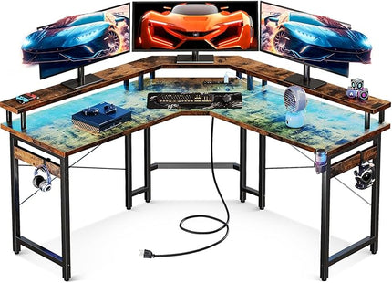 ODK L Shaped Gaming Desk with LED Lights & Power Outlets, 51" Computer Desk with Full Monitor Stand, Corner Desk with Cup Holder, Gaming Table with Hooks, Vintage - LeafyLoom
