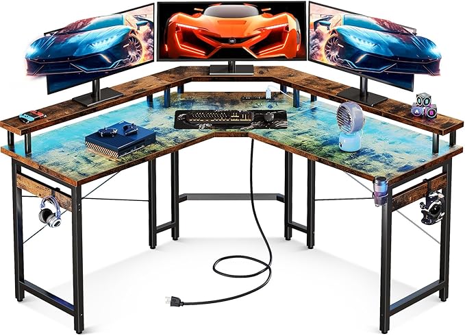 ODK L Shaped Gaming Desk with LED Lights & Power Outlets, 51" Computer Desk with Full Monitor Stand, Corner Desk with Cup Holder, Gaming Table with Hooks, Vintage - LeafyLoom