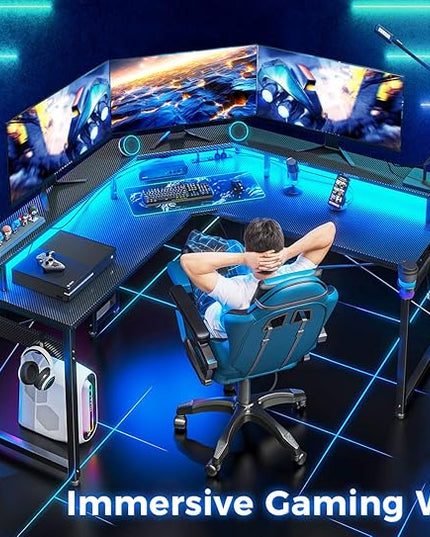 ODK L Shaped Gaming Desk with LED Lights & Power Outlets, 50.8" Computer Desk with Full Monitor Stand, Corner Desk with Cup Holder, Gaming Table with Hooks, Black Carbon Fiber - LeafyLoom