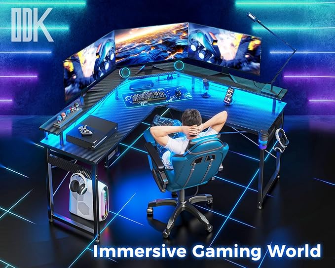 ODK L Shaped Gaming Desk with LED Lights & Power Outlets, 50.8" Computer Desk with Full Monitor Stand, Corner Desk with Cup Holder, Gaming Table with Hooks, Black Carbon Fiber - LeafyLoom