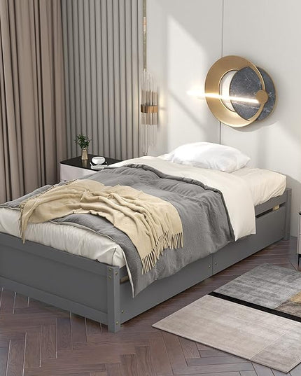Twin Bed with 2 Storage Drawers, Solid Pinewood Twin Size Bed Frame,for Boys/Girls/Teens Bedroom, Easy to Assemble, No Box Spring Needed,Grey - LeafyLoom