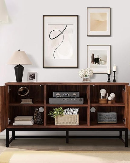 YITAHOME TV Cabinet for 55 Inch TV, Mid Century Modern TV Stand with Storage Cabinet & Adjustable Shelf, Entertainment Cabinet Media TV Console with Natural Oak Finish for Living Room, Walnut - LeafyLoom