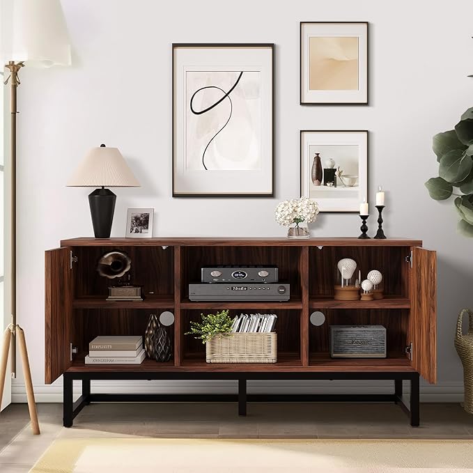YITAHOME TV Cabinet for 55 Inch TV, Mid Century Modern TV Stand with Storage Cabinet & Adjustable Shelf, Entertainment Cabinet Media TV Console with Natural Oak Finish for Living Room, Walnut - LeafyLoom