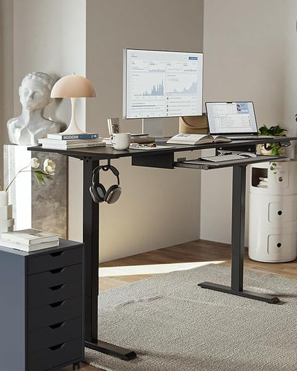 Height Adjustable Desk with Keyboard Tray, 48 x 24 Inches Electric Standing Desk, Stand up Computer Table with Memory Preset, Gaming Modern Lift Motorized Gaming Workstation, Black - LeafyLoom