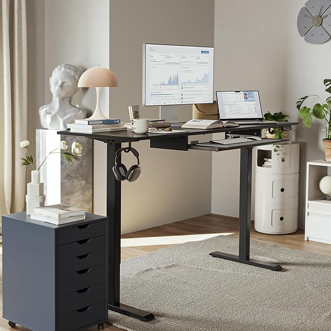 Height Adjustable Desk with Keyboard Tray, 48 x 24 Inches Electric Standing Desk, Stand up Computer Table with Memory Preset, Gaming Modern Lift Motorized Gaming Workstation, Black - LeafyLoom