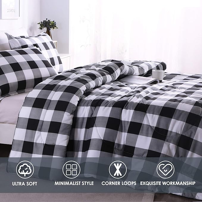 Andency Black Plaid Comforter Set Queen Size (90x90 Inch), 3 Pieces (1 Gingham Comforter and 2 Pillowcases), Summer Lightweight Microfiber Buffalo Check Down Alternative Comforter Set - LeafyLoom