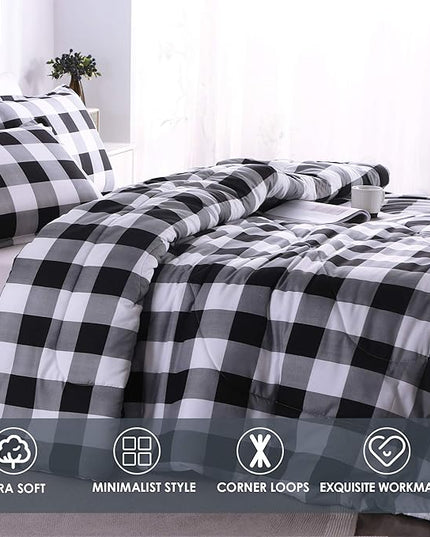 Andency Black Plaid Comforter Set King Size (90x104 Inch), 3 Pieces (1 Gingham Comforter and 2 Pillowcases), Summer Lightweight Microfiber Buffalo Check Down Alternative Comforter Set - LeafyLoom